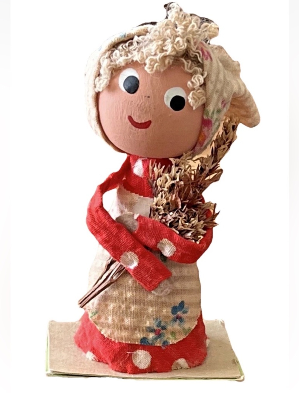 Handmade Folk Doll with Red Scarf and Blonde Yarn Hair made in Poland